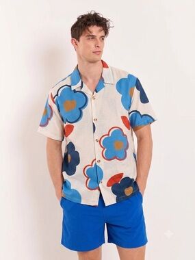 NEW Lark & Owl Floral Linen Look Camp Collar Shirt Medium M Retro Blue Button Up